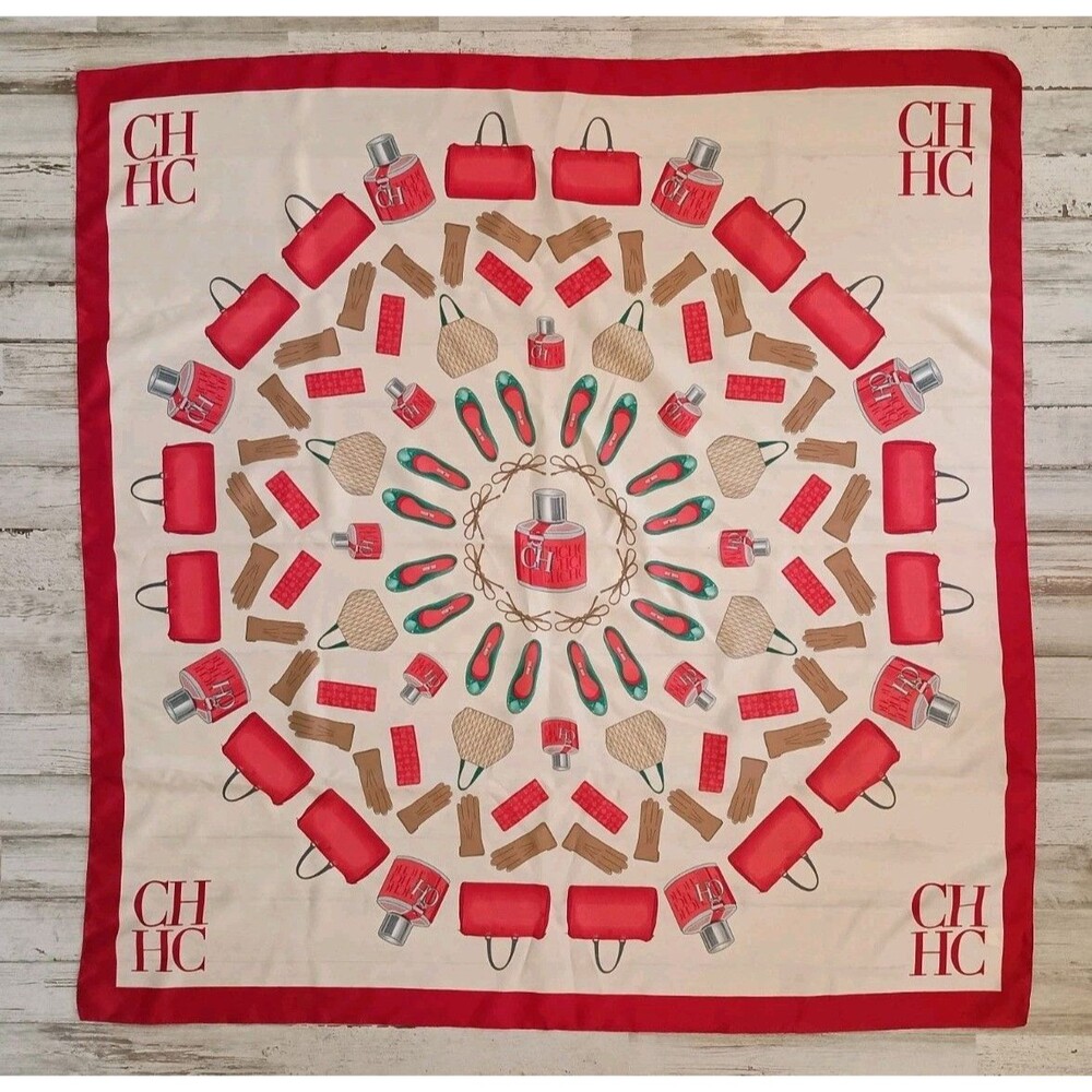 Carolina Herrera CH Scarf Fashion Items Cream Red  Polyester 33.5x34.5 Tiny Flaw